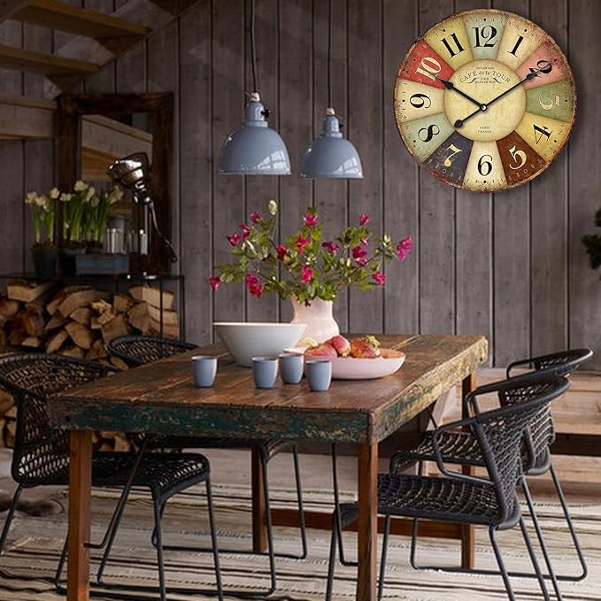 24 Inch Vintage Wall Clocks French Style Retro Wall Clock Large Farmhouse Clocks Retro Colorful Wall Clock Decorative Battery Operated Silent Scan Non-Ticking for Home Living Room Bedroom