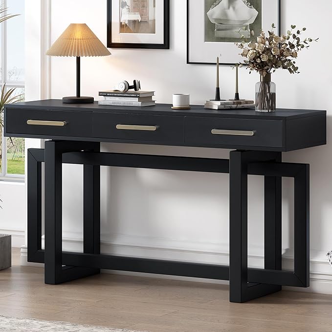 Contemporary Modern Entryway Console Table 57-Inch Extra Long Entry Sofa Table with Storage Drawers for Living Room Hallway, Black
