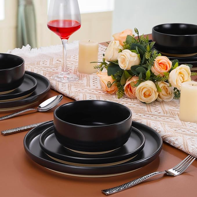 LIANYU 18PCS Dinnerware Plates and Bowls Sets, Ceramic Dishes Set for 6, Stoneware Dinner Dessert Salad Plates Cereal Bowls, Scratch Resistant Dishware, Microwavable & Dishwasher Safe, Matte Black