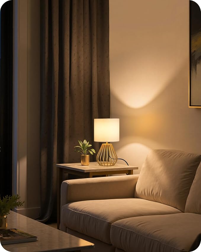 Gold Table Lamp Set of 2, Small Bedside Lamp with Gold Metal Base & White Linen Lampshade, Modern Nightstand Lamp, Little Cute Desk Lamp for Bedroom, 2700K LED Bulb Included DCW06TLP205