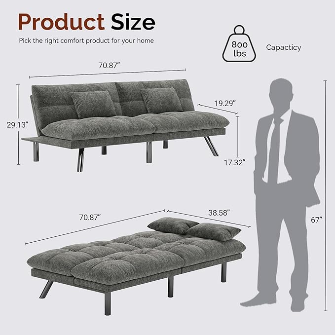 Futon Sofa Bed Convertible 70 inch Solid Wood Couch for Living Room, Chenille Fabric, 2 Cushions (Dark Gray)