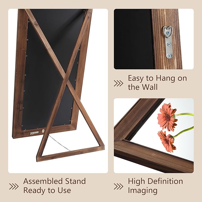 Farmhouse Standing Mirror Full Length, 64"X21" Rustic Wood Frame Floor Mirror with Stand, Full Body Mirror for Bedroom Living Room Entryway, Hanging or Leaning Wall-Mounted, Tempered Glass, Brown