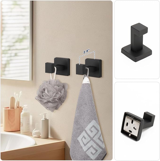 NearMoon 5 Pieces Bathroom Hardware Set 304 Stainless Steel, Square Towel Rack Kit - 24" Towel Rod + Towel Ring + Toilet Paper Holder + 2 Robe Hooks, Wall Mounted Bath Accessories (Matte Black)