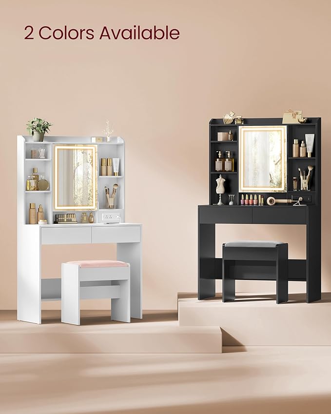 VASAGLE KAILYN Collection - Vanity Desk with Power Outlets, Makeup Vanity with Mirror and Lights, Upholstered Vanity Stool, LED Lights, 6 Compartments, 2 Drawers, for Bedroom, Cloud White URDT031W01