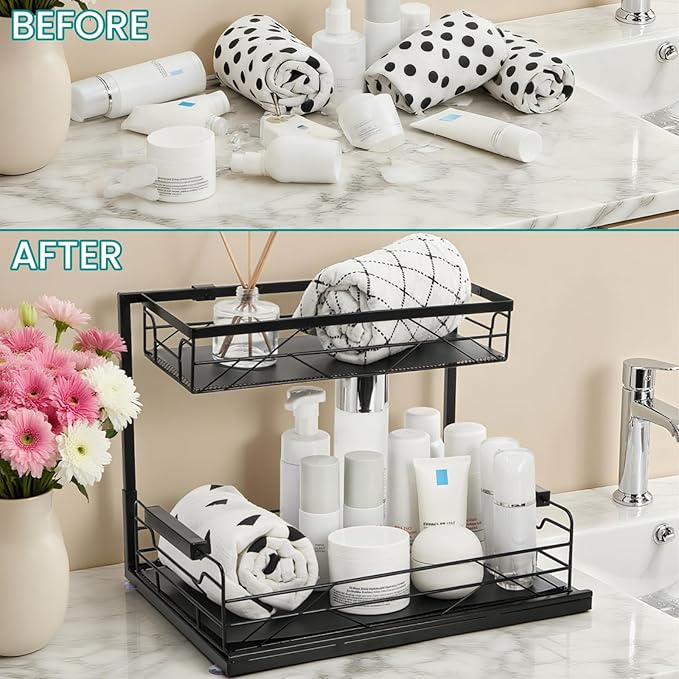 Pull Out Under Sink Organizer, 2 Tier Kitchen Cabinet Organizer with Suction Cups, PVC Mat, Sliding Drawer, Metal Cleaning Supplies Storage Shelf for Laundry, Pantry, Bathroom