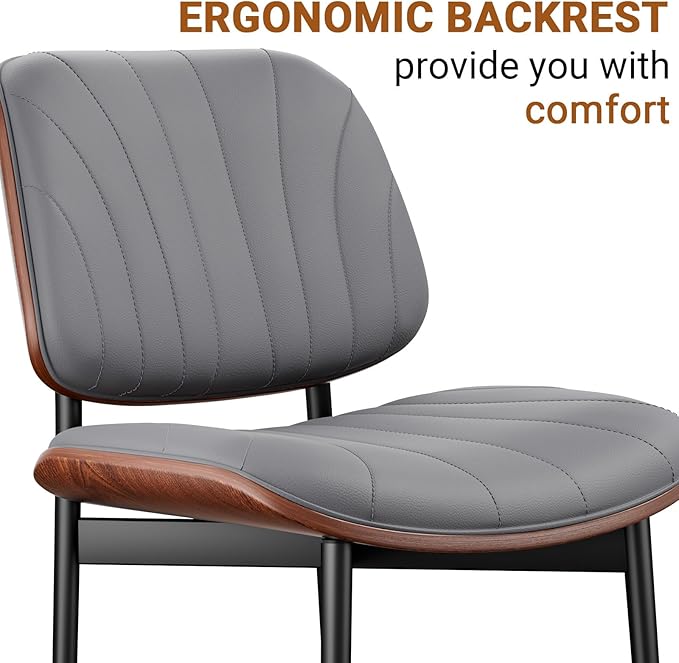 Dining Chairs Set of 8, Mid-Century Modern Upholstered PU Leather Chairs with Walnut Back and Metal Legs Adjustable Feet for Kitchen Dining Room, Dark Gray Shell Strips