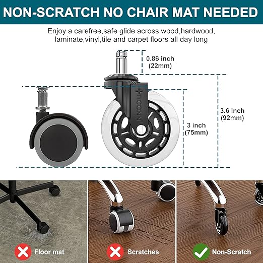 TICONN Office Chair Caster Wheels Set of 5 for Tile, Hardwood Floors and Carpets, Universal Fit for Most Chairs (Transparent)