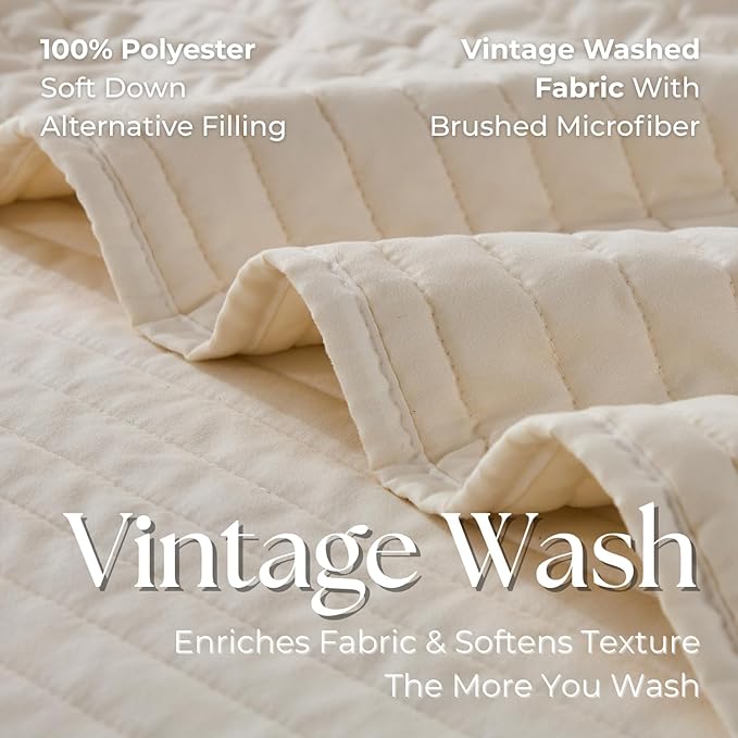 DOWN HOME Queen Quilt Bedding Set with Shams, Vintage Washed Soft Quilted Blanket Thin Comforter Lightweight Bedspread Coverlet Bed Cover, Brushed Microfiber Stripe Stitching, Linen White, 86"x90"