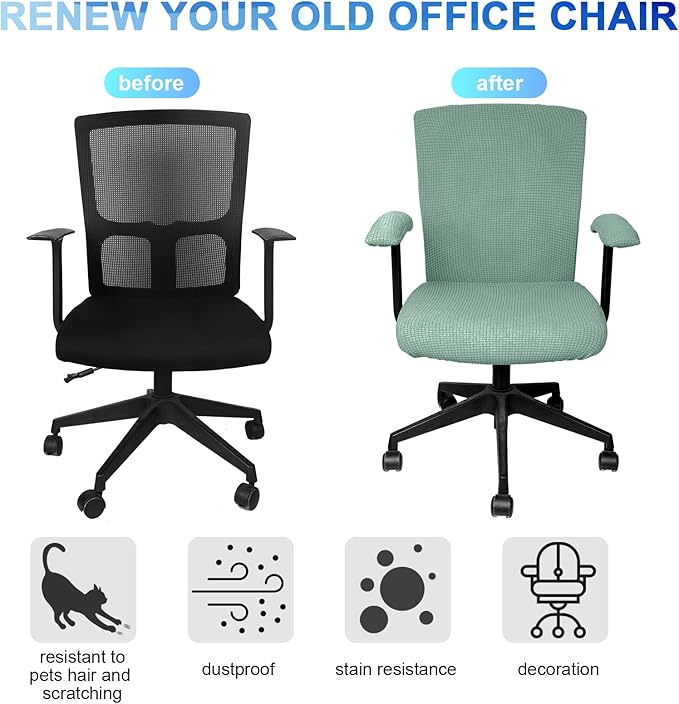 Tallew 4 Pcs Office Chair Covers Set Computer Universal Protective Stretchable Chair Seat Covers Desk Armrest Slipcovers Pads Office Cushion Backrest for Rotating (XL,Pea Green)
