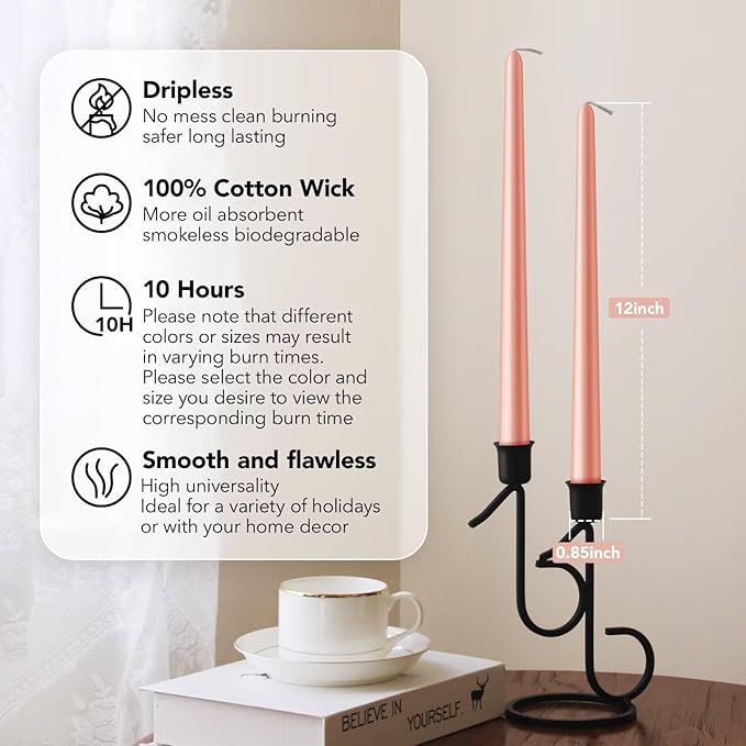 New Burning Formula Unscented Dripless 12-Inch Taper Candles Set of 12 - Rose Gold, for Wedding, Dinner - Smokeless, Long Burning - Hand Poured, Colored Tall Candlesticks - Oro Rosa