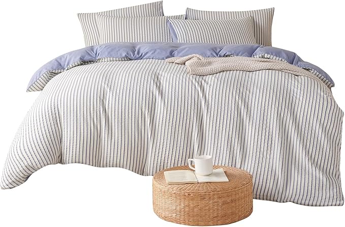 Comforter Set King Striped Blue 100% Soft Washed Microfiber Jacquard 3 Pieces King Striped Bedding Sets Blue White Comforter for All Seasons and 2 Pillowcases Comfort Breathable