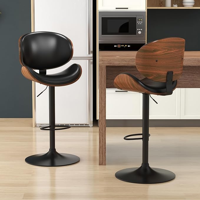 KCC Bar Stools, Swivel Adjustable Height Barstools, PU Leather Upholstered Bar Chairs with Footrest, Bentwood Bar Stool for Kitchen, Bar, Dining Room(Black PU)