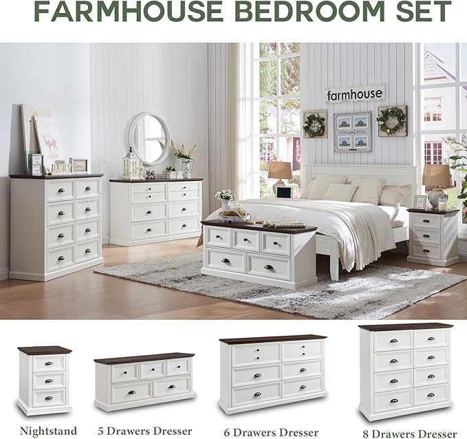 Farmhouse 8 Drawer Dresser for Bedroom, 39" Tall Dressers & Chests of Drawers, 42" Wide Dressers Organizer Storage, Wood Rustic Bedroom Dresser for Closet, Living Room, Hallway, White