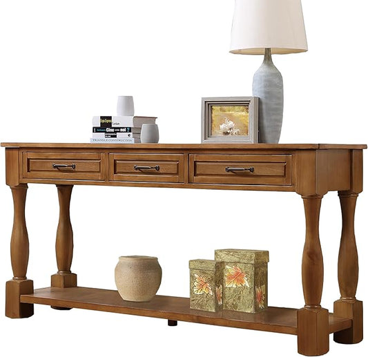 LKTART Solid Wood Console Table for Entryway,Long Sofa Table with 3 Drawers for Hallway,Foyer,Entry,Easy Assembled (63" Brown)