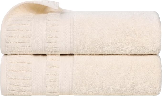 Superior Venice Zero Twist Cotton Medium Weight Towels, for Guest Bath, Bathroom, Shower, Spa, Plush Towels, Bath Essentials, Ribbed Textured Border, Bath Towels, Set of 2, Ivory