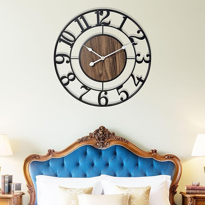 Large Metal Wall Clock, 24 Inch Retro Decorative Silent, Non Ticking, Battery Operated Modern Big Wood Wall Clock for Living Room, Farmhouse, Bedroom, Fireplace, Kitchen, Office, Home Decor