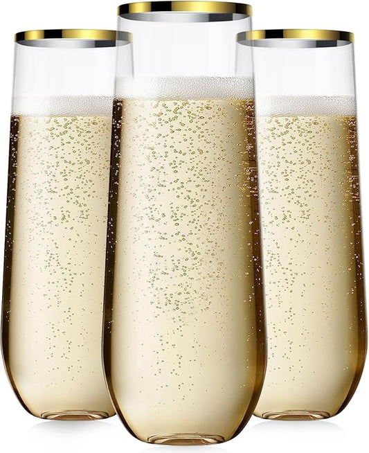 24 Pcak Champagne Flutes Plastic, 9 Oz Disposable Stemless Mimosa Gold Rim Toasting Glasses, Clear Crystal Plastic Cocktail Cups for Party Wedding Birthday