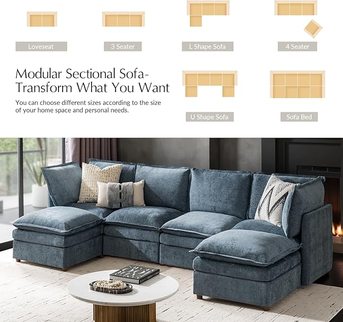 HULALA HOME 128'' Oversized Modular Sectional Sofa with Dual-Layered Cushions, U Shaped 6 Seater Couch with Storage Ottoman and Removable Cover, Modern Deep Seat Cloud Couch for Living Room, Blue