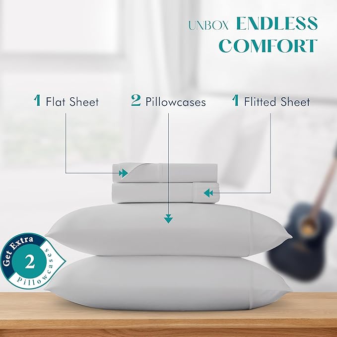 XOOX Linen 100% Egyptian Cotton Sheets California King Size - 1200 Thread Count 4 PC Cal King Sheet Egyptian Cotton, Cooling Sateen Sheet, High Thread Count Sheets California King - Light Grey