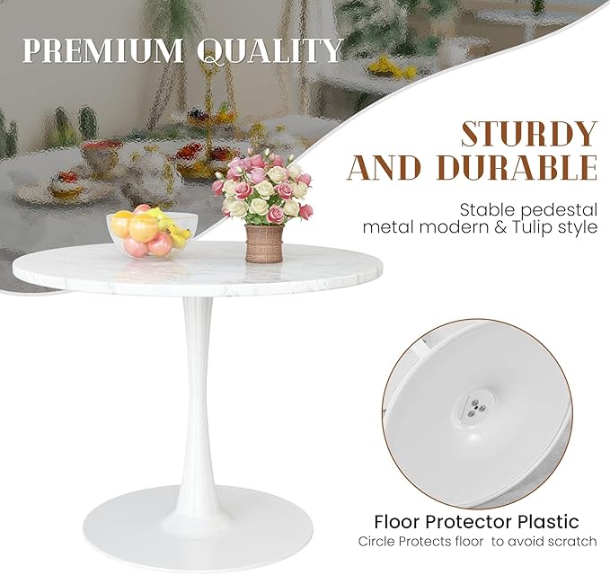 DKLGG White Marble Round Dining Table, 31.5" Tulip Kitchen Dining Table 2-4 People with MDF Top & Pedestal Base, Mid-Century End Table Leisure Coffee Office Living Room Table