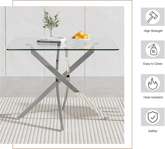 Goujxcy Glass Dining Table Set for 4, Modern Kitchen Table and Chairs Set of 4, 5-Piece Kitchen Dining Room Table Set w/36 Square Silver Glass Dining Table and 4 Black Velvet Upholstered Chairs
