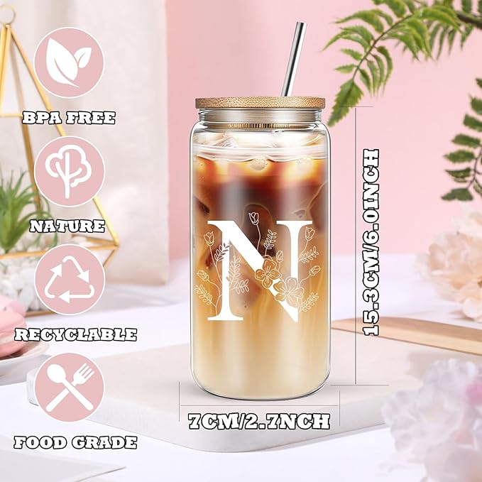 Unique Initial Glass Cup with Lids and Straws, Monogrammed Gifts Box Included Makeup Bag, Christmas Birthday Gifts for Women Mom Sister Grandma, N