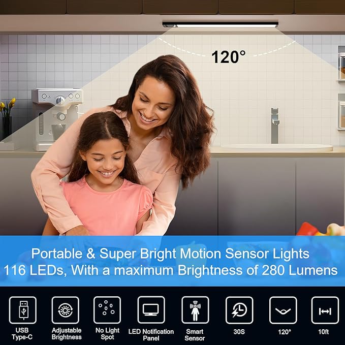 YELKO Motion Sensor Cabinet Lights, 3200mAh Battery Operated Closet Light, Portable Rechargeable Motion Lights, 3 Colors, 5 Brightness Adjustable Motion Lamp for Kitchen Wardrobe Cupboard(Two Pack)