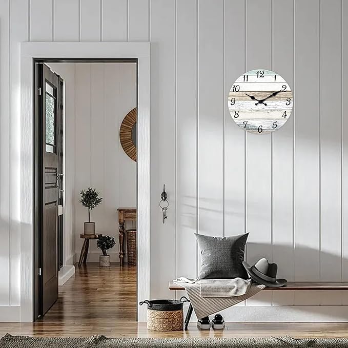 XNM Rustic Wall Clock for Bedroom Round Wood Wall Clocks Battery Operated 12 Inch Farmhouse Clock Non Ticking (MDF No Solid Wood)