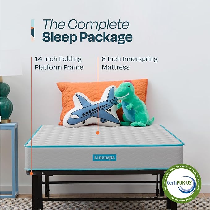 Linenspa 6-Inch Innerspring Mattress - Twin + 14-Inch Folding Platform Bed Frame