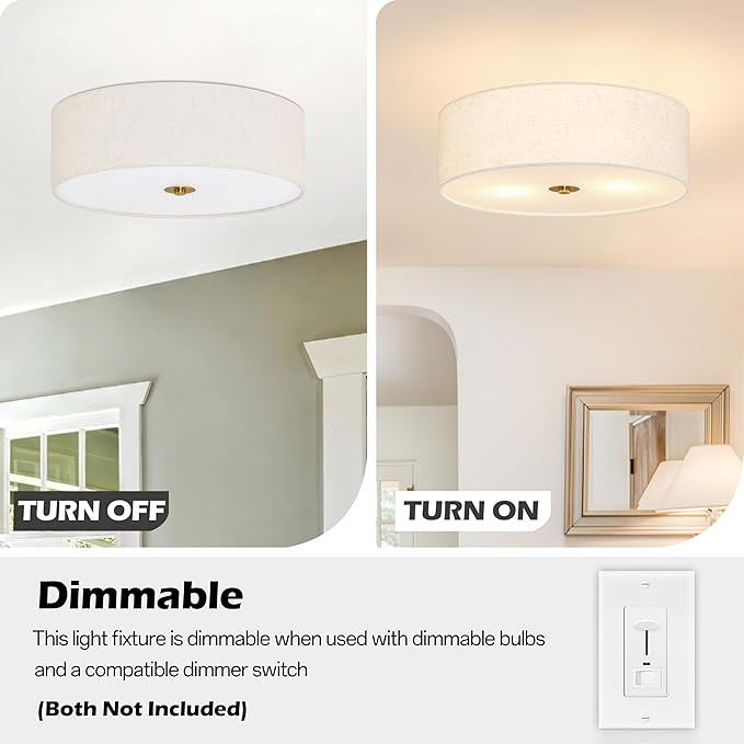 12.6 Inch Flush Mount Ceiling Light Gold Ceiling Fixture 2-Light Drum Modern Lights Close to Lights Fixture with Fabric Shade for Living Room Hallway Entryway Bedroom