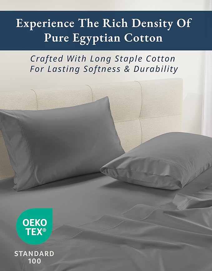LANE LINEN 100% Egyptian Cotton King Sheets Set, Soft & Comfy Sateen Weave No Pill Mercerized Cotton Sheets King, Fully Elasticized Reinforced French Seam Fitted King Bed Sheets – Charcoal Gray
