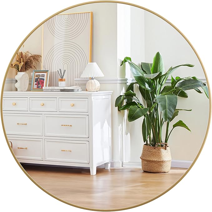 24 Inch Golden Circle Wall Mirror, Modern Round Metal Framed Mirror for Bathroom, Entryway, Living Room, Bedroom, Dining Room, Hallway, Decorative Home Décor, Easy Mount