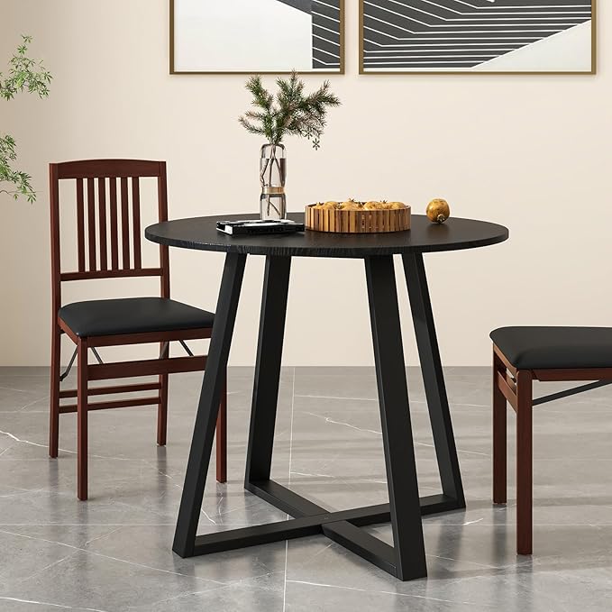 COSTWAY 36 Inch Round Table, Kitchen Table for 4 People with Rubber Wood Frame, Pedestal Base, Farmhouse Rustic Table for Living Room Restaurant, Black