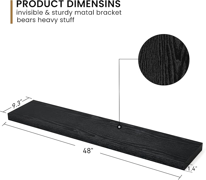 Fun Memories 48Inch Floating Shelves, 9.3Inch Deep Rustic Wall Shelves - Extra Deeper & Thicker Wall Mounted Storage Shelf for Kitchen, Farmhouse - Set of 2 - Rustic Black