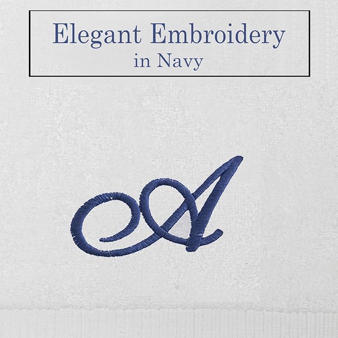 White Monogrammed Hand Towels for Bathroom - Luxury Hotel Quality Personalized Initial Embroidered Towel for Powder Room, Spa - GOTS Organic Certified - Pack of 2 Navy, Letter A