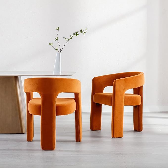 Set of 2 Modern Velvet Fabric Upholstered Dining Chairs with Open-Back, Cute Barrel Side Chairs Kitchen Armchair Accent Chairs for Dining Room Bedroom, Orange