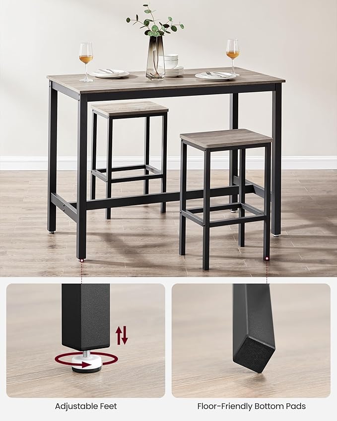 VASAGLE Bar Table and Chairs Set, Rectangular Table with 2 Stools, Dining Pub Set for 2, Space Saving for Kitchen Breakfast, Living Room, Party Room, Greige and Black ULBT015B02