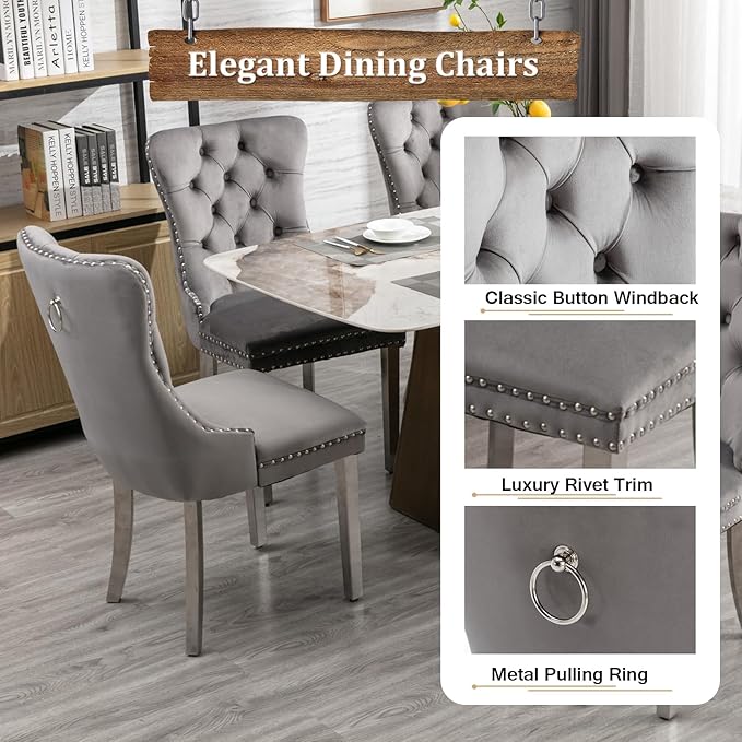 Modern White Marble Dining Table Set for 4,5-Piece Kitchen Table and Chairs for 4,Luxury Silver Dining Room Table Set w/68" Rectangle Dinner Table & 4 Grey Velvet Chairs for Kitchen Dining Room