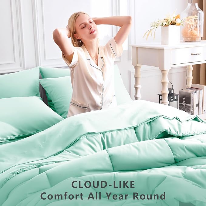 CozyLux Full Size Comforter Sets Mint Green, 7 Pieces Bed in a Bag, Green Comforter Full Size, All Season Bedding Sets with Stitch Quilted Comforter, Flat Sheet, Fitted Sheet, Pillowcases
