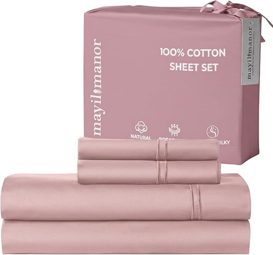 100% Natural Cotton Bed Sheets | 500 TC Single-Ply Sateen Weave King Size Sheets Set | Breathable & Hypoallergenic Solid 4-Piece Bedding with Deep Pocket Fitted, Flat, Pillowcase | Blush
