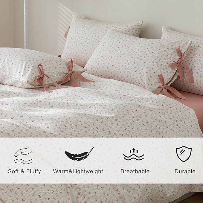 EAVD Garden Style Small Pink Floral Comforter Set Full Soft Fluffy Microfiber Chic Cute Pink Floral Bedding Set with 2 Pillowcases Fresh Cottagecore Botanical Comforter Set for All-Season