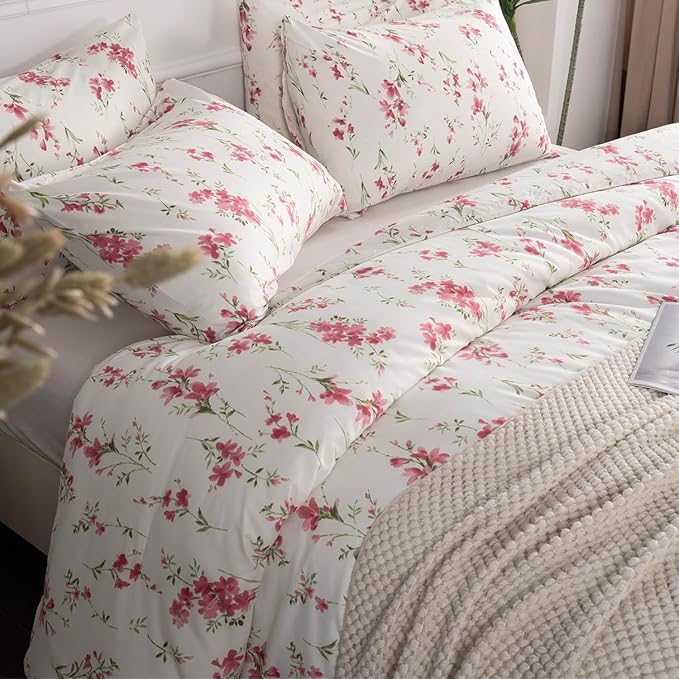 EAVD Pink Floral Comforter Set Queen Soft Microfiber Chic Shabby Garden Pink Floral Bedding Queen Comforter Set with 2 Pillowcases Fresh Botanical Comforter Set for All-Season