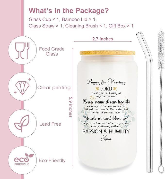 Marriage Wedding Gifts, Marriage Blessing Gifts Gifts For Couples, Prayer For Marriage Gifts For Couples, Wedding Sign Cup 16oz Glass Cup With Lid And Straw, Valentines Gift For Wife