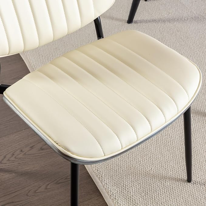 Dining Chairs Set of 2, Mid Century Modern Accent Dining Room and Kitchen Chairs, Upholstered PU Leather Vertical Stripe Chairs for Vanity with Walnut Bentwood and Metal Legs, Beige