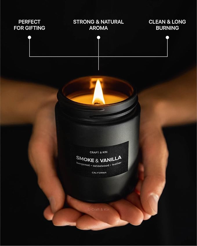 Craft & Kin Premium Smoke & Vanilla Candle | Black Christmas Scented Candles for Men | Long Lasting with 45 Hour Burn Time, 7.6oz | Soy Holiday Candle | Aromatherapy at Home | Gifts for Men