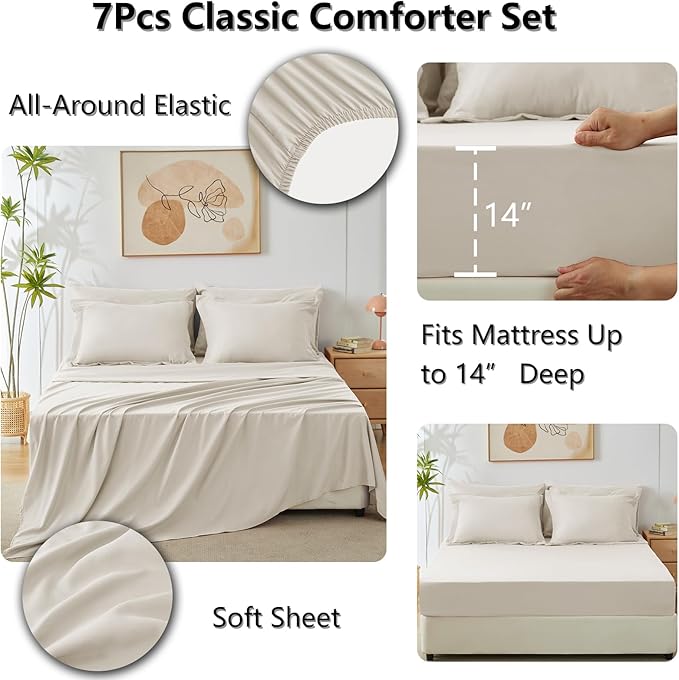 CozyLux Full Size Comforter Sets Beige - 7 Pieces Bed in a Bag Full, Luxury Soft Bed Set for All Seasons, Bedding Set with Down Alternative Comforter, Sheets, Pillowcases & Shams