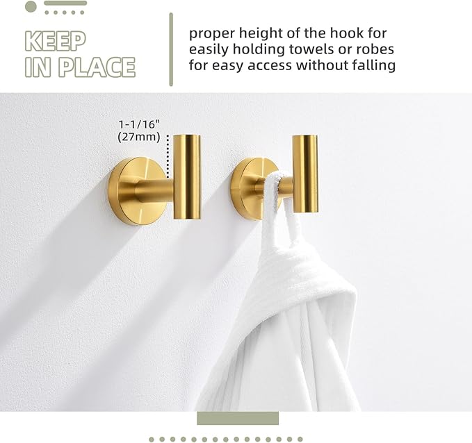 Angle Simple Bathroom Towel Hook 2 PCS, SUS304 Stainless Steel Bath Towel Robe Coat Holder, Heavy Duty Wall Hook, Brassy Gold