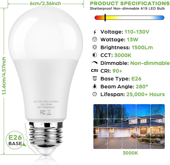 LED Light Bulbs 100W Equivalent 1500 Lumens, A19 13W 3000K Soft White Non-Dimmable, Super Bright No Flicker Standard E26 Edison Screw Bulbs for Home, Bedroom, Office Lamp, 12-Pack