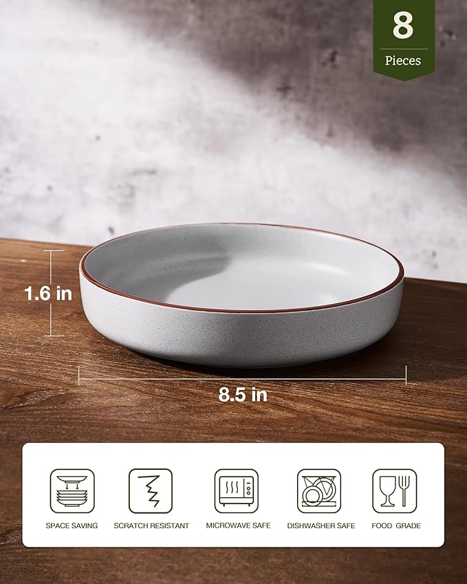 famiware Mercury Pasta Bowls Set of 8, 33 oz Large Salad Bowls, Ceramic Pasta Plates Bowls, Serving Bowls for Kitchen, Microwave & Dishwasher Safe, Light Gray