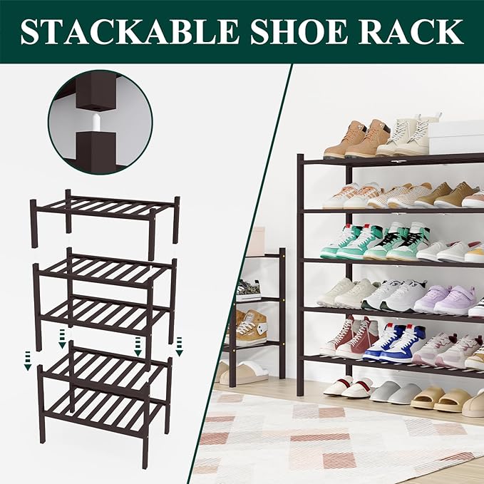 Smiry Shoe Rack, 3 Tier Long Bamboo Shoe Organizer, Stackable Free Standing Wooden Shoe Storage Shelf for Closet, Entryway, Front Door Entrance, Brown